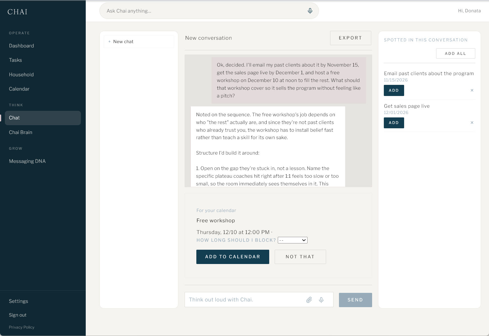 Strategy chat with detected tasks