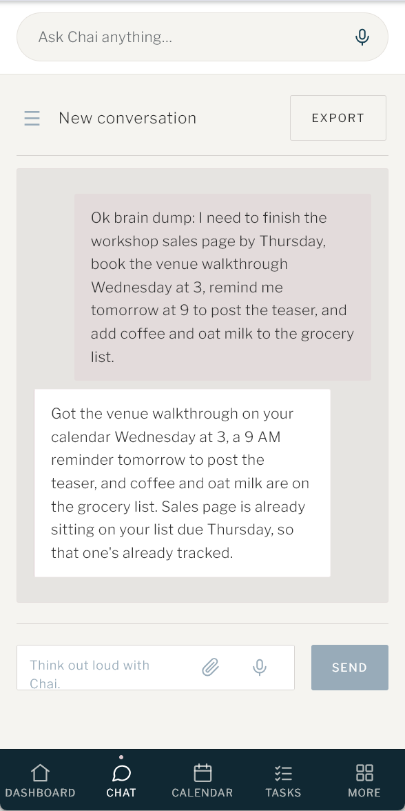 Brain dump sorted by Chai