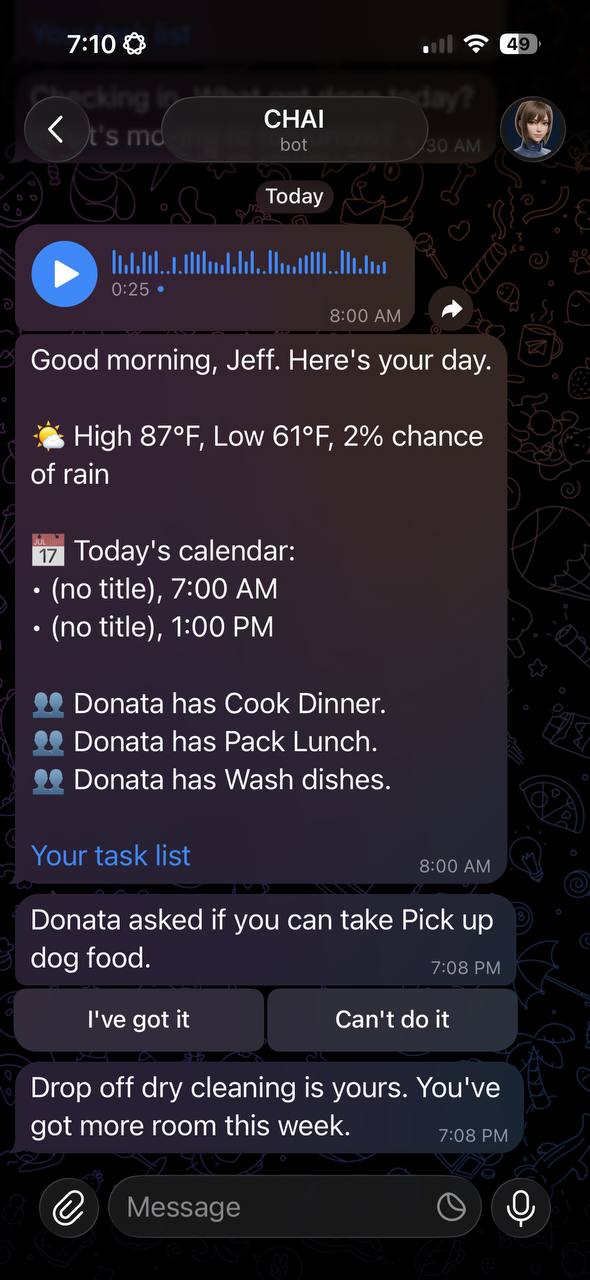 Chai coordinating a shared household task in Telegram