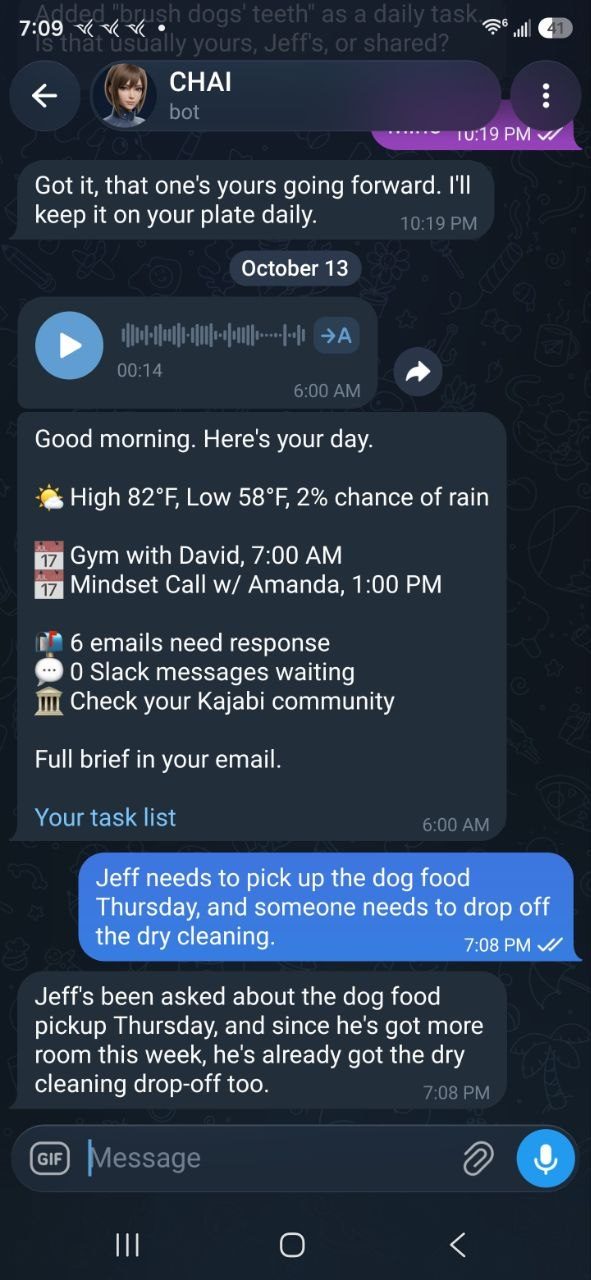 Chai coordinating a shared household task in Telegram